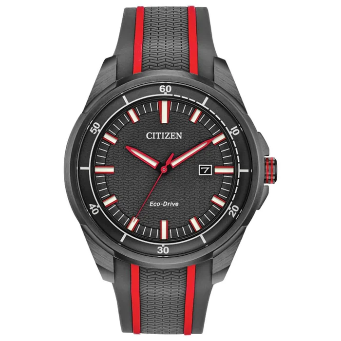 Citizen Men’s Eco Drive Watch – Drive Grey and Red Silicone Rubber Strap | AW1607-03H