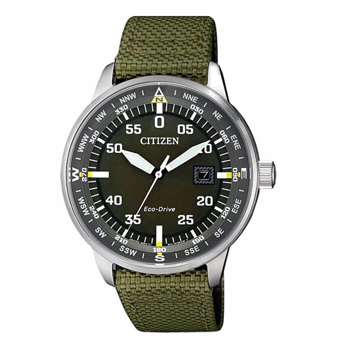 Citizen Men’s Eco Drive Watch – Solar Black Dial Green Nylon Strap | BM7390-22X