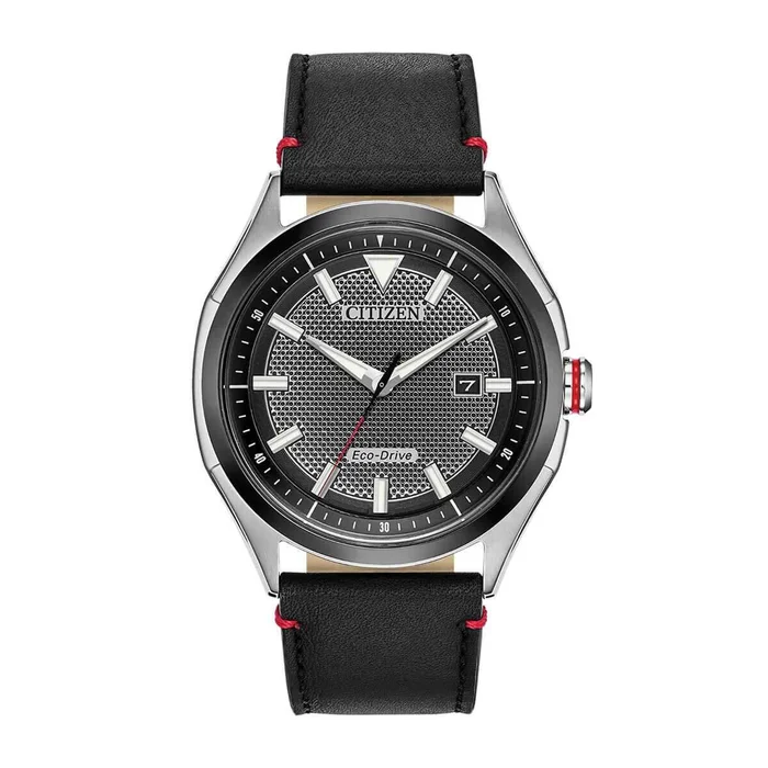 Citizen Men’s Eco-Drive Watch – WDR Black Dial Black Leather Strap | AW1148-09E