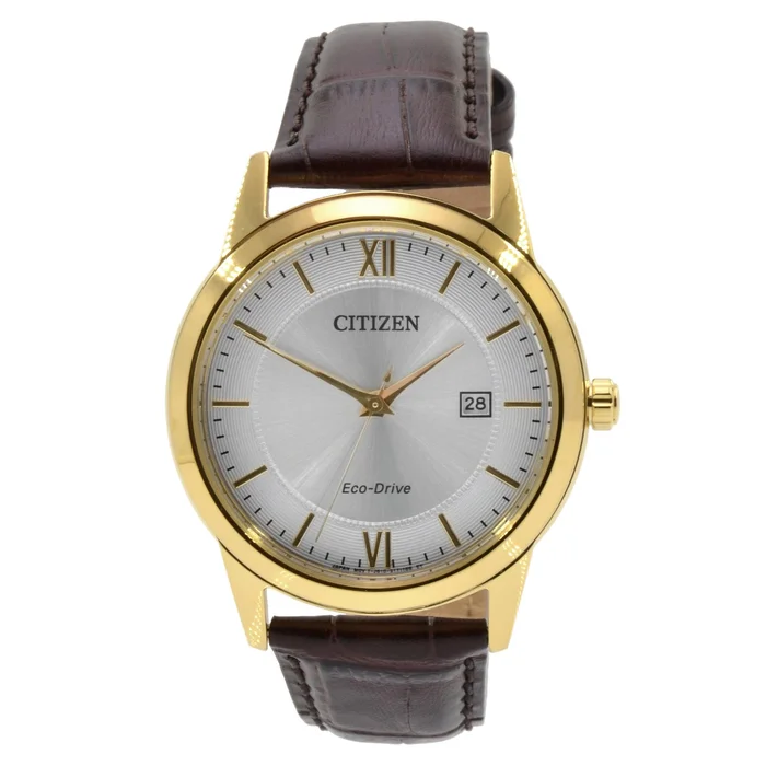 Citizen Men’s Leather Strap Watch – Eco-Drive Yellow Steel Silver Dial | AW1232-04A