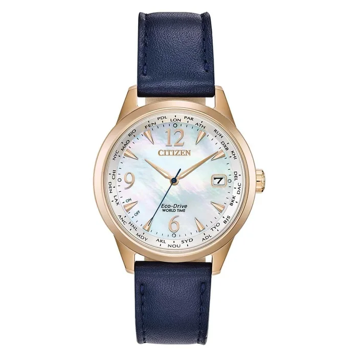 Citizen Women’s Eco-Drive Watch – World Time Black Leather Strap | FC8003-06D