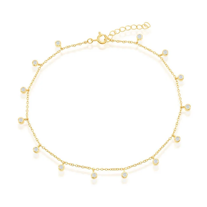 Classic Women’s Anklet – Gold Plated Sterling Silver Bezel-Set CZ Charms | R-9270-GP