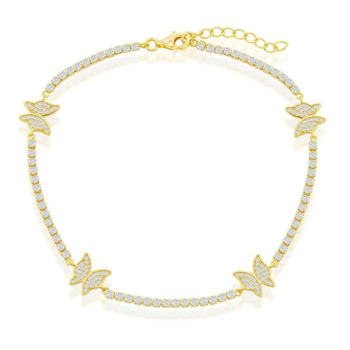 Classic Women’s Anklet – Gold Plated Sterling Silver Butterfly CZ Tennis | R-9278-GP