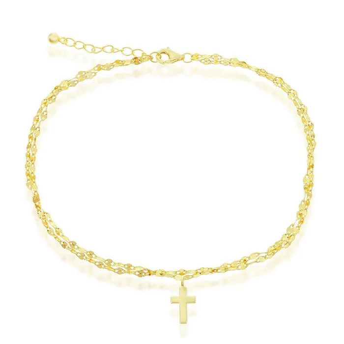 Classic Women’s Anklet – GP Sterling Double Strand Chain Cross Charm | R-9260-GP