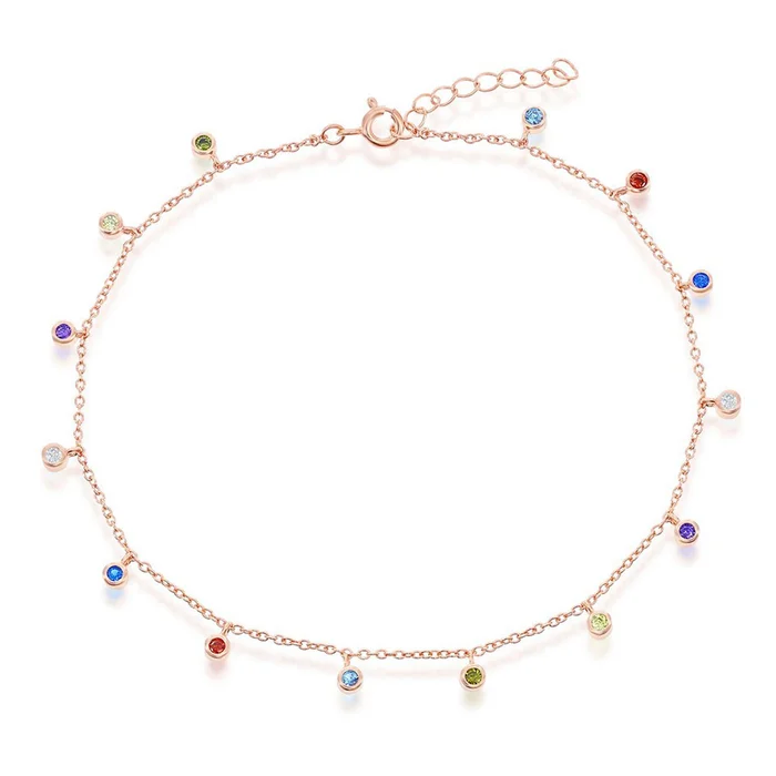 Classic Women’s Anklet – RG Sterling Silver Bezel-Set Rainbow CZ Charms | R-9271