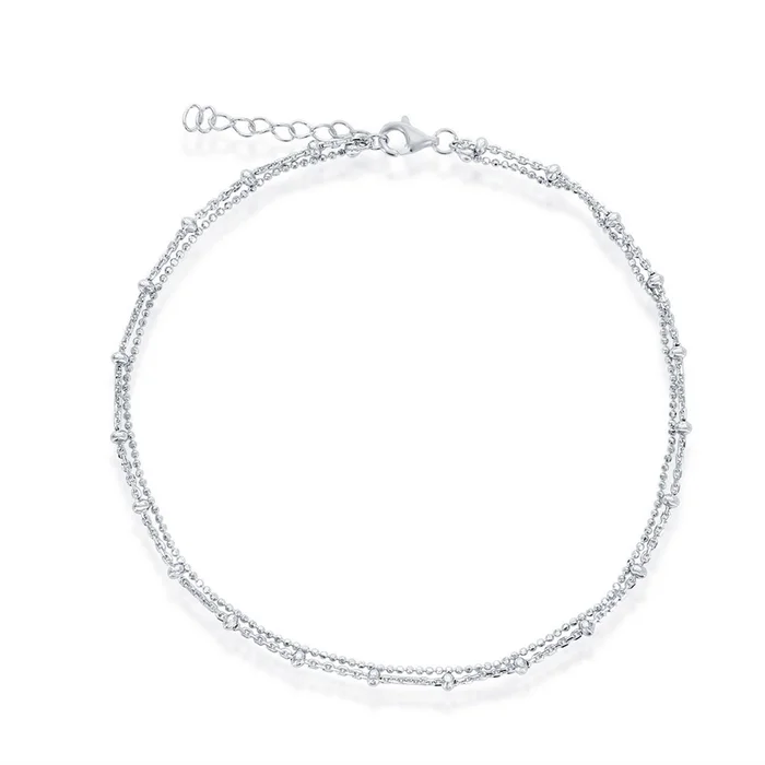 Classic Women’s Anklet – Sterling Silver Double Strand Beaded | R-9264