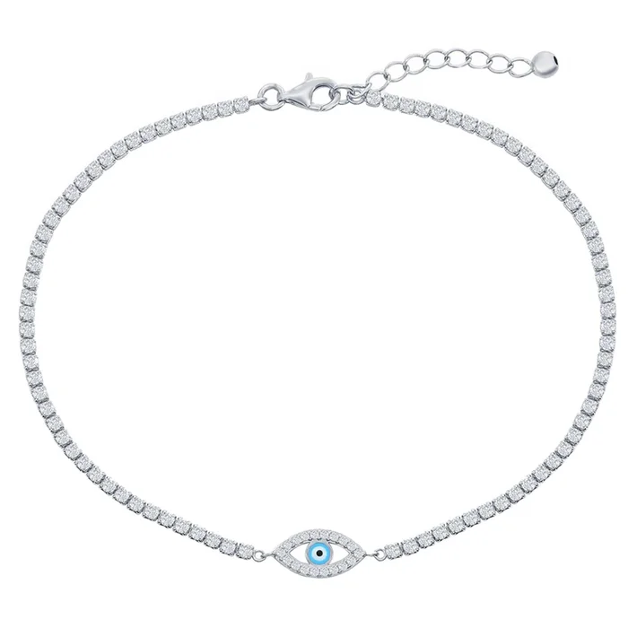 Classic Women’s Anklet – Sterling Silver Evil Eye Enamel White CZ Tennis | R-9285