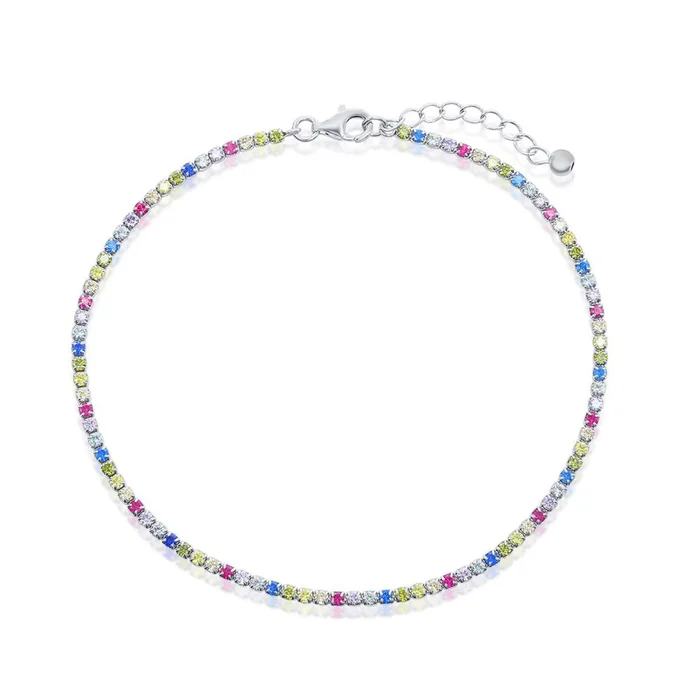 Classic Women’s Anklet – Sterling Silver Multi Color Cubic Zirconia Tennis | R-9286