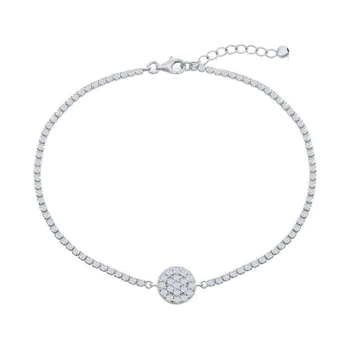 Classic Women’s Anklet – Sterling Silver Round Disc Design White CZ Tennis | R-9288
