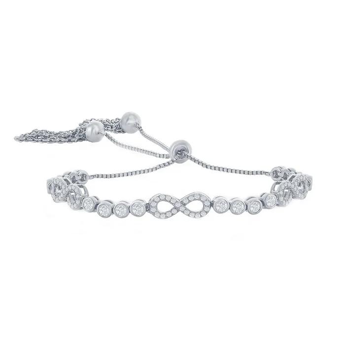 Classic Women’s Bracelet – Silver Bezel-Set CZ and Infinity Adjustable Bolo | T-8044