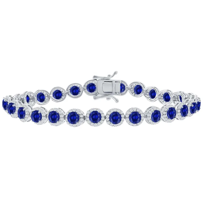Classic Women’s Bracelet – Silver Round Halo White and Sapphire CZ Tennis | T-7973
