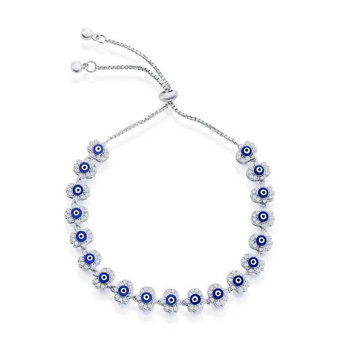 Classic Women’s Bracelet – Sterling Silver Blue Enamel Evil Eye CZ Hamsa | T-8020