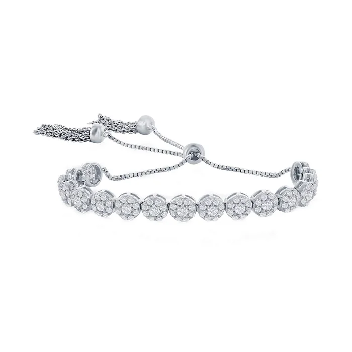 Classic Women’s Bracelet – Sterling Silver CZ Cluster Round Adjustable Bolo | T-8041