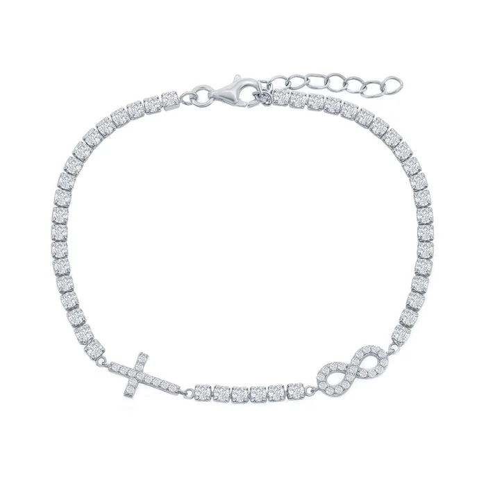 Classic Women’s Bracelet – Sterling Silver Infinity and Cross Tennis CZ | T-8001