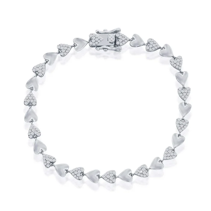 Classic Women’s Bracelet – Sterling Silver Polished and Micro Pave CZ Heart | T-8026