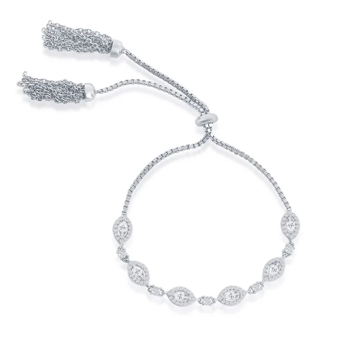 Classic Women’s Bracelet – Sterling Silver Round and Marquise CZ Tassel | T-8039