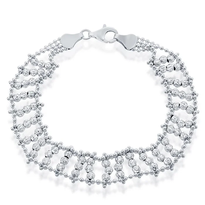 Classic Women’s Bracelet – Sterling Silver Triple Row Diamond-Cut Moon Bead | S-4875