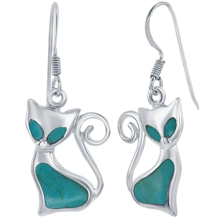 Classic Women’s Earrings – Created Turquoise Cat Design French Wire Closure | D-8035