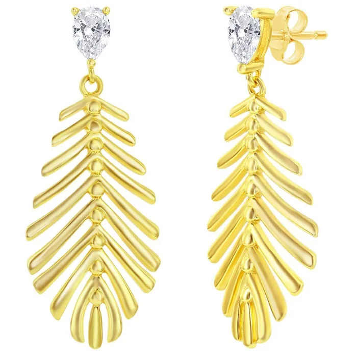 Classic Women’s Earrings – Cut-Out Leaf with Small Pear-Shaped CZ Dangle | D-8408-GP