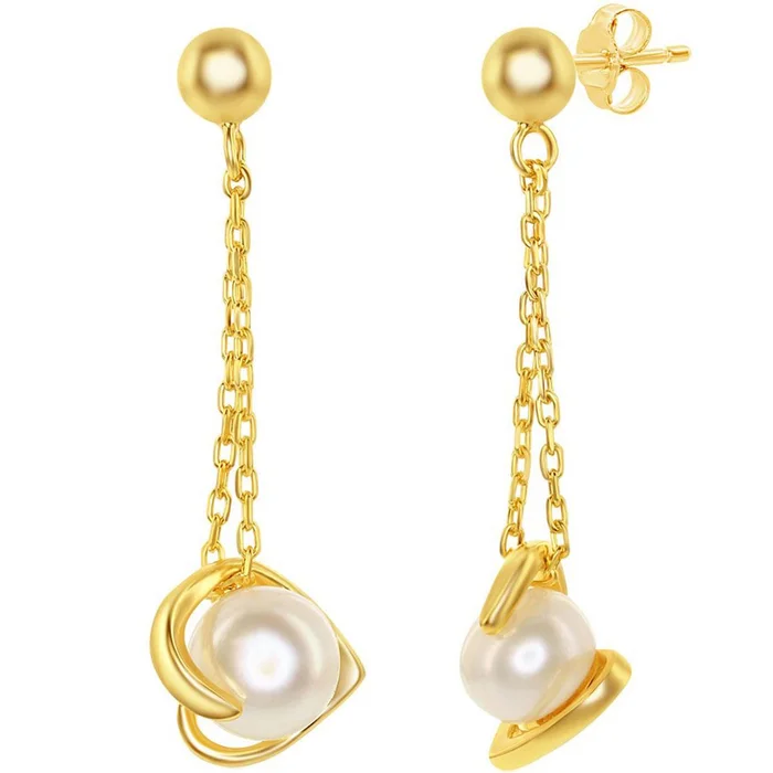 Classic Women’s Earrings – Gold Plated 6mm White FWP Heart with Chain | D-7833-GP