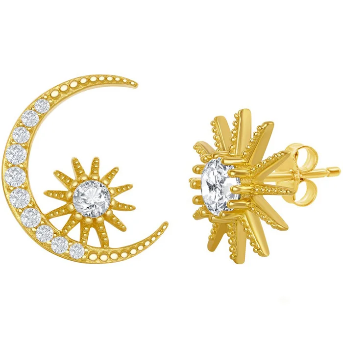 Classic Women’s Earrings – Gold Plated Sun and Moon CZ Stud Post Back Closure | D-7825