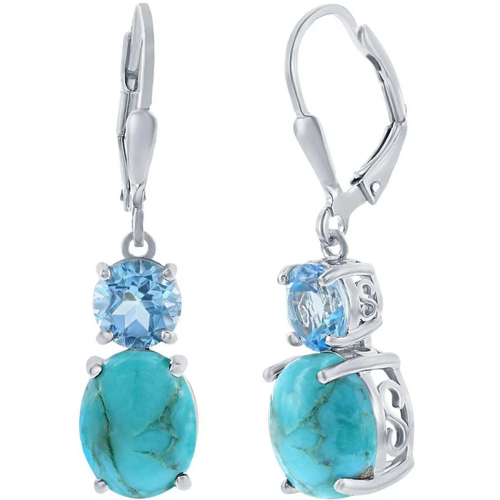 Classic Women’s Earrings – Oval Shape Turquoise and Round Blue Topaz Gemstone | D-8111