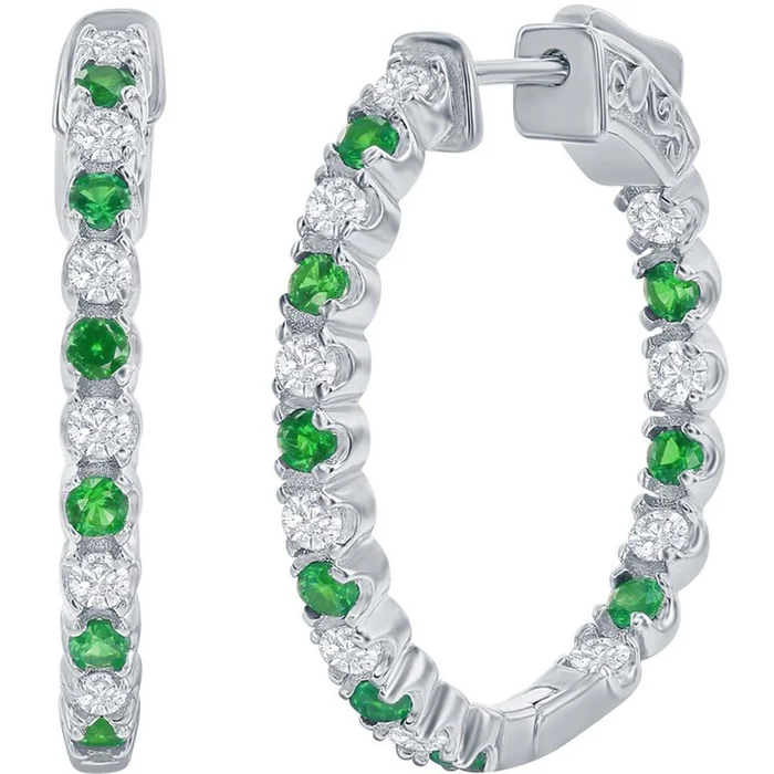 Classic Women’s Earrings – Silver 3x25mm Created Emerald and White Sapphire | D-7960