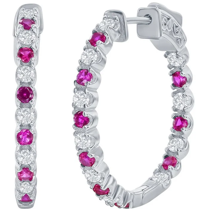 Classic Women’s Earrings – Silver 3x25mm Created Ruby and White Sapphire | D-7962