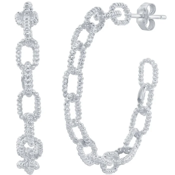 Classic Women’s Earrings – Silver Beaded Paperclip Hoop Post Back Closure | A-2674