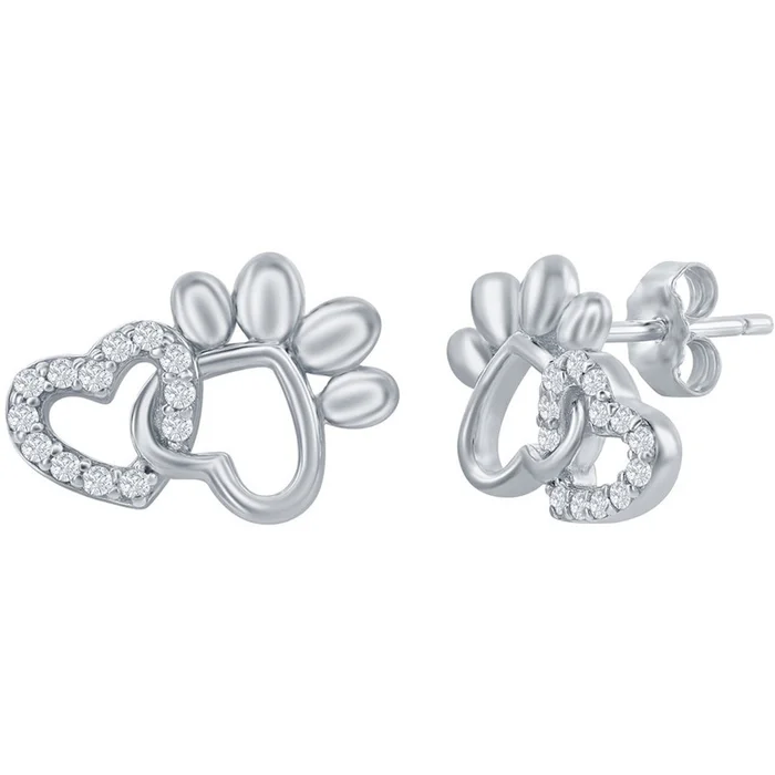 Classic Women’s Earrings – Silver Heart and Paw White CZ Stone Stud Post Back | D-7928