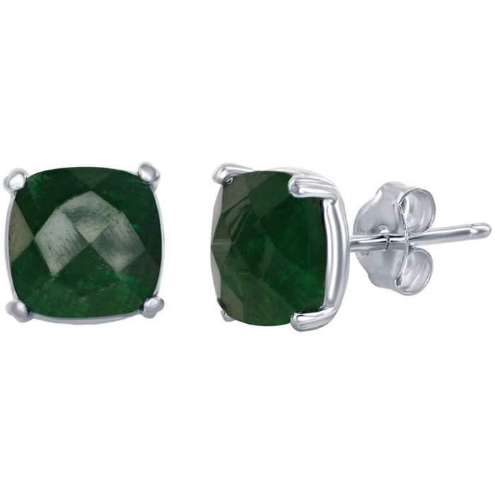 Classic Women’s Earrings – Silver May Birthstone Emerald Square Shape Stud | D-6818