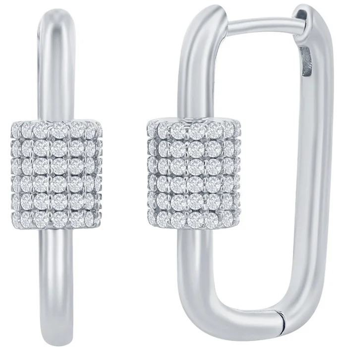 Classic Women’s Earrings – Silver Micro Pave CZ Oval Carabiner Paperclip | D-7974