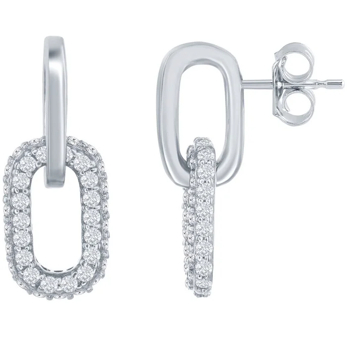 Classic Women’s Earrings – Silver Micro Pave CZ Paperclip Post Back Closure | D-7970