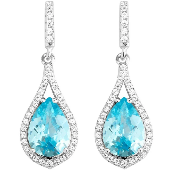 Classic Women’s Earrings – Silver Teardrop Clear with Center Bright Blue CZ | D-5457