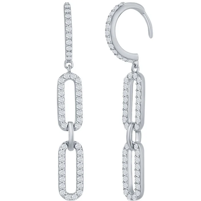 Classic Women’s Earrings – Sterling Silver Double Link White CZ Paperclip | D-7816
