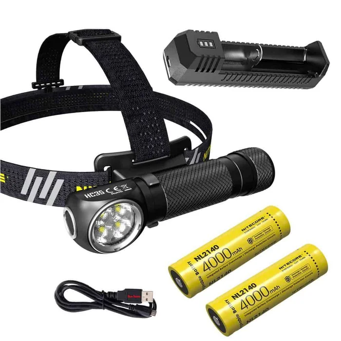 Combo: Nitecore HC35 Rechargeable LED Headlamp – 4 x CREE XP-G3 S3 w/Extra 2140 Battery and UI1 USB Charger +Free Eco-Sensa USB Cord