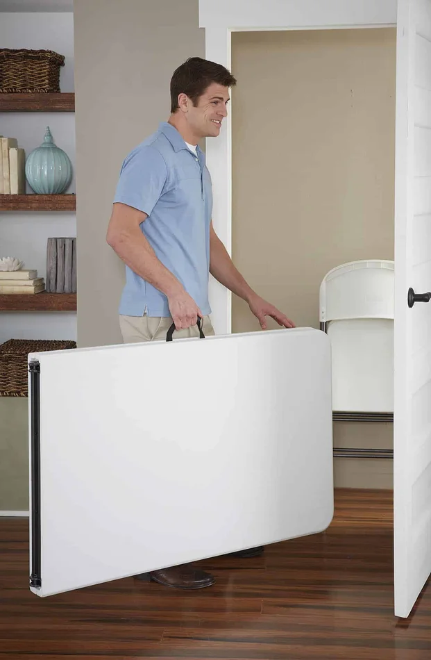 COSCO Deluxe 8 foot x 30 inch Fold-in-Half Blow Molded Folding Table, White