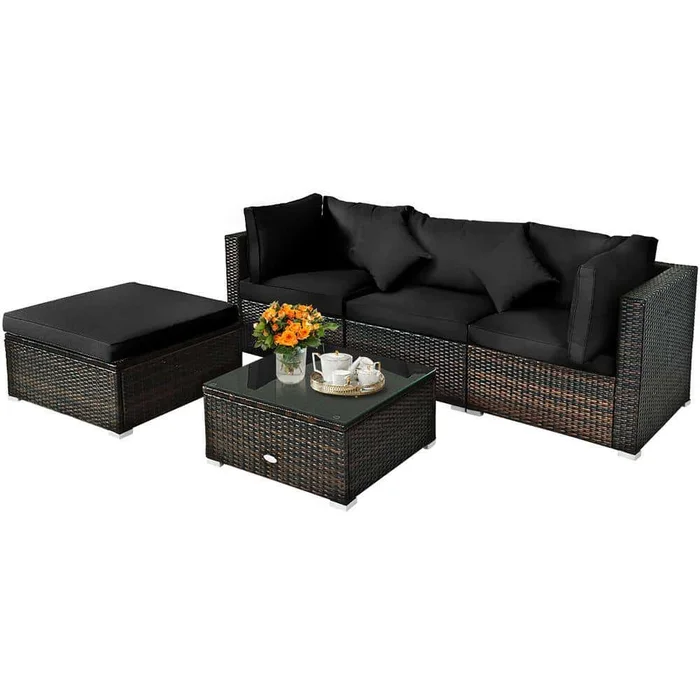 Costway 5-Piece Wicker Patio Conversation Set with Black Cushions