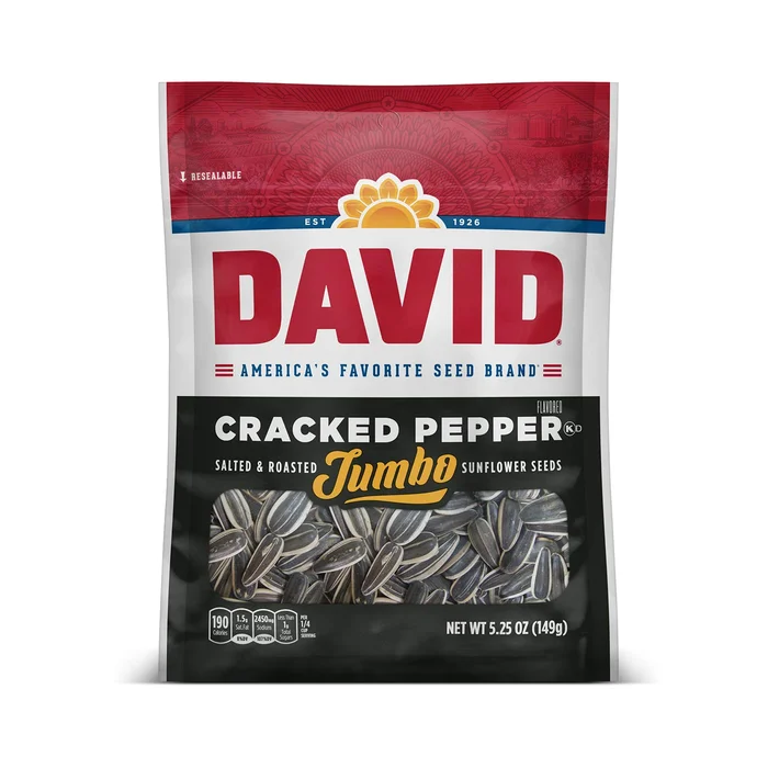 DAVID Roasted and Salted Cracked Pepper Jumbo Sunflower Seeds, Keto Friendly, 5.25 oz, 12 Pack
