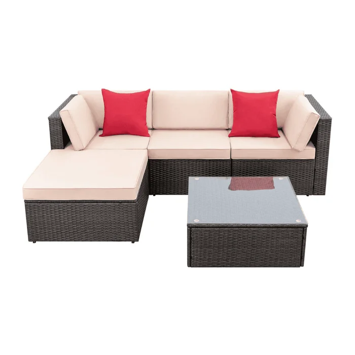 Devoko 5 Pieces Patio Furniture Sets All Weather Outdoor Sectional Patio Sofa Manual Weaving Wicker Rattan Patio Seating Sofas