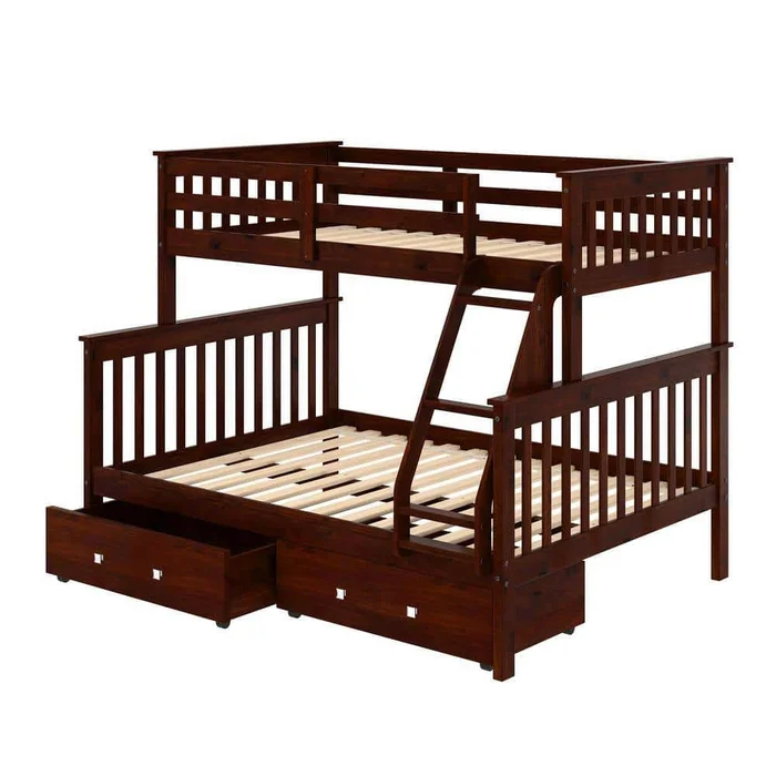 Donco Kids Dark Cappuccino Brown Pine Wood Twin & Full Mission Bunk Bed with Dual Underbed Drawers
