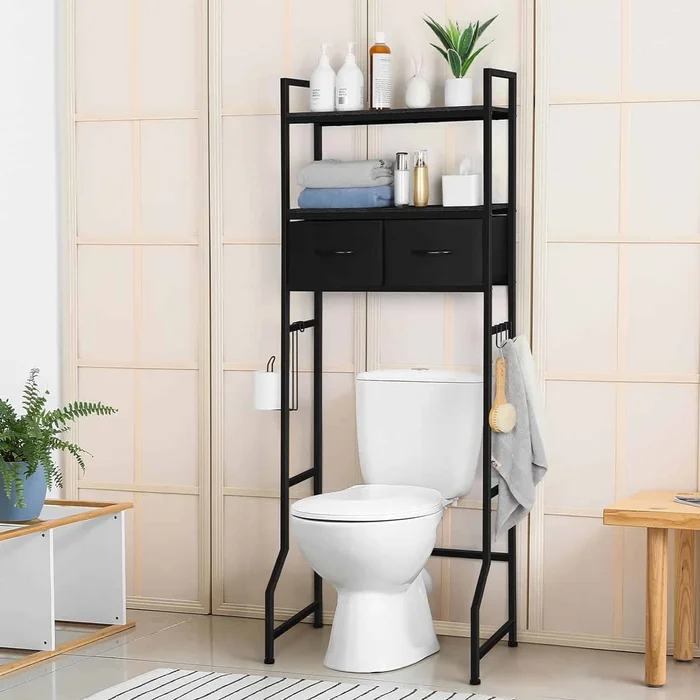 ETELI Over The Toilet Storage Cabinet with Fabric Drawers 3 Tier Bathroom Shelf Over Toilet Space – Black