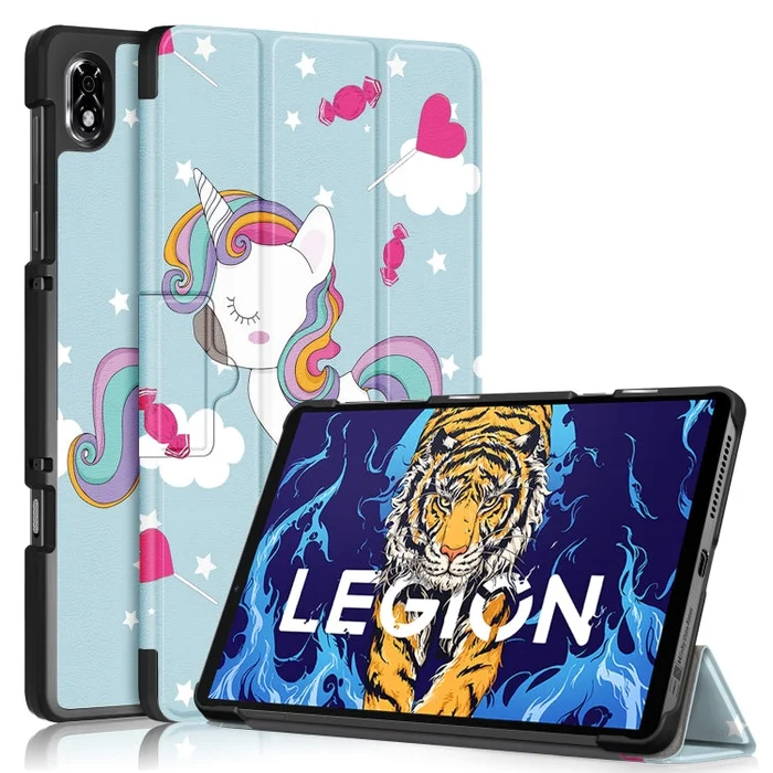 For Lenovo Legion Y700 3-folding Magnetic Buckle Coloured Drawing Leather Smart Tablet Case(Rainbow Unicorn)