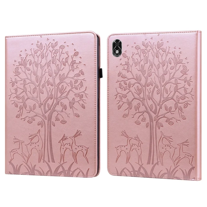 For Lenovo Legion Y700 Tree & Deer Pattern Pressed Printing Leather Tablet Case(Pink)