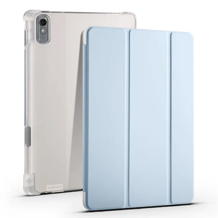 For Lenovo Pad Plus 2023 11.5 inch 3-fold Clear TPU Leather Tablet Case with Pen Slot(Ice Blue)