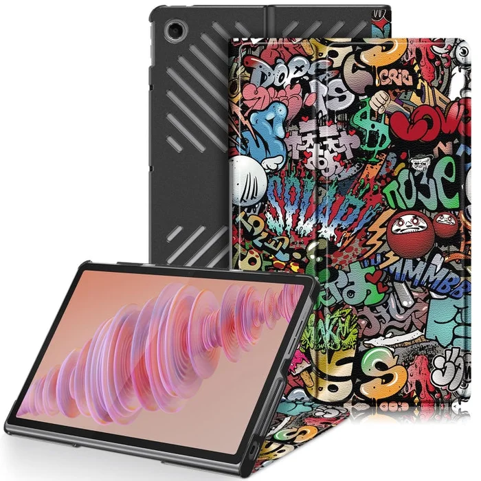 For Lenovo Tab Plus 11.5 TB351FU Custer Painted 3-Fold Holder Leather Smart Tablet Case(Graffiti)