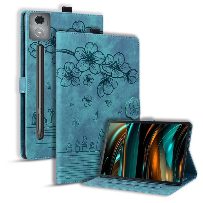 For Lenovo Xiaoxin Pad Pro 12.7 2025 Cartoon Sakura Cat Embossed Leather Tablet Case(Green)