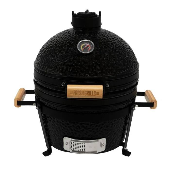 Fresh Grills Kamado BBQ 16 Inch Black Ceramic Mini Oven Barbecue Grill Egg Charcoal Smoker Roast Bake With Stand Portable Built In Thermometer Top & Bottom Air Flow System Outdoor Cooking Camping