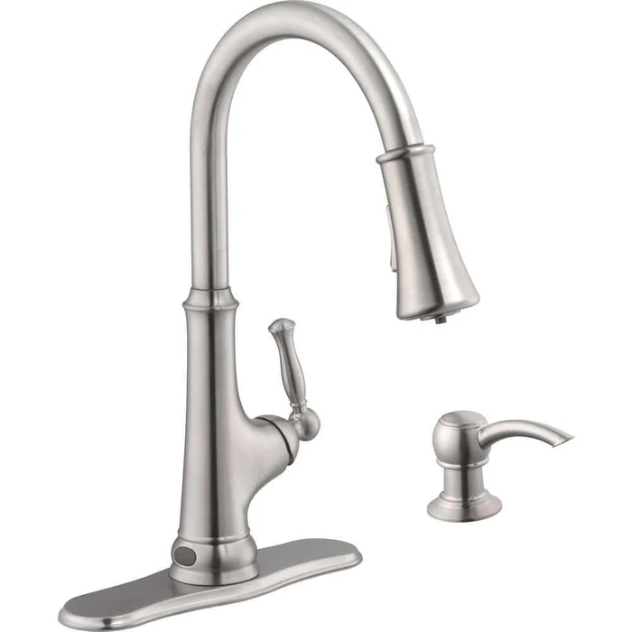 Glacier Bay Touchless LED Single-Handle Pull-Down Sprayer Kitchen Faucet with Soap Dispenser in Stainless Steel