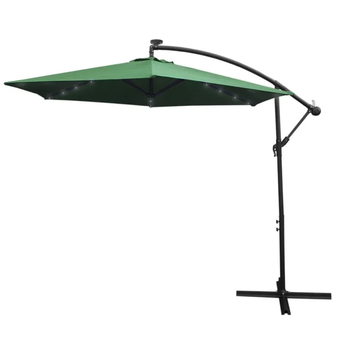 Green LED Cantilever Parasol 3m Banana Hanging Umbrella Garden Sun Shade Canopy Patio Outdoor 360 Rotation Tilt UV Protection Winding Crank 24 Solar Powered Cool White LED Lights Waterproof Rain Cover